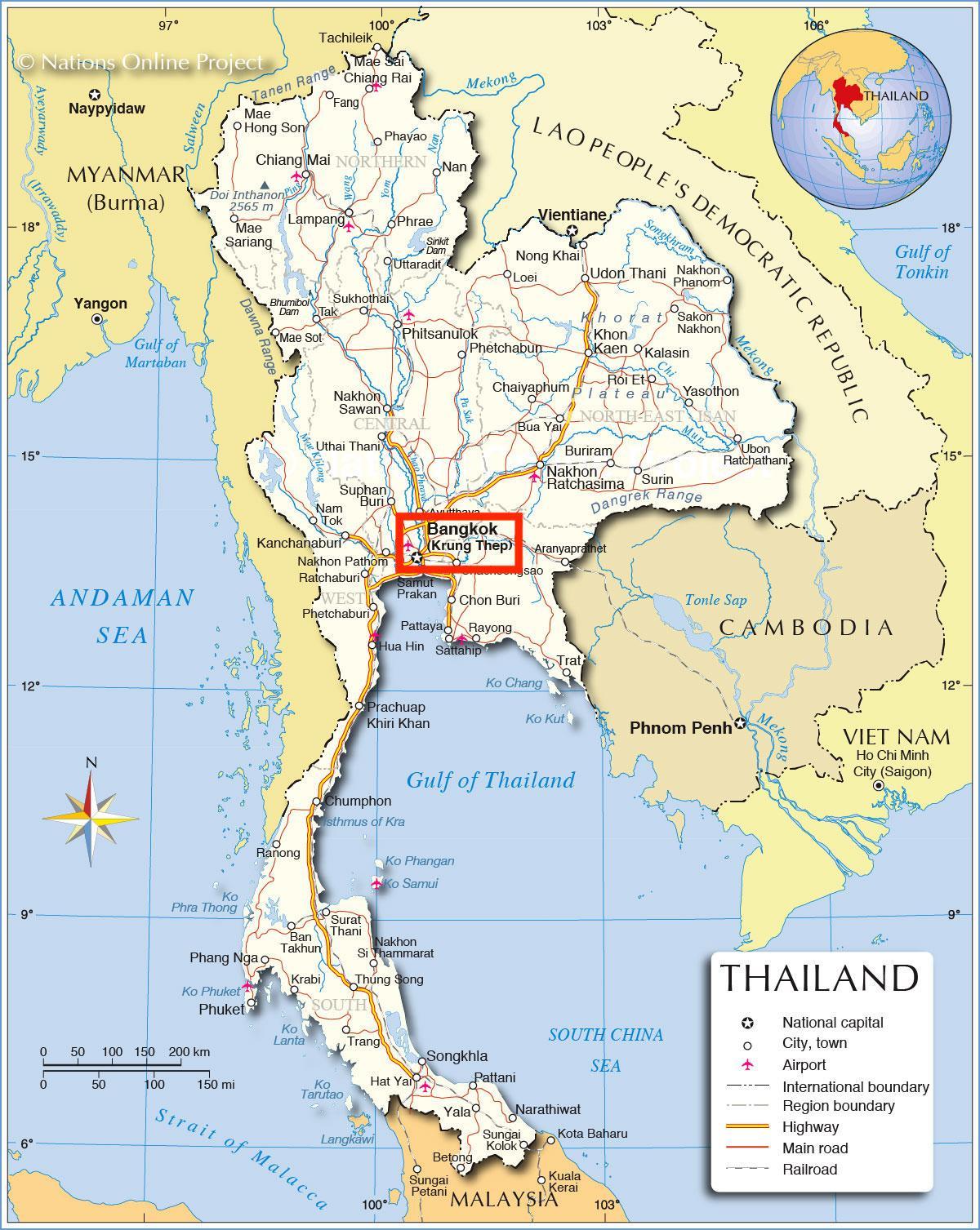 Bangkok (Krung Thep) en el mapa de Tailandia